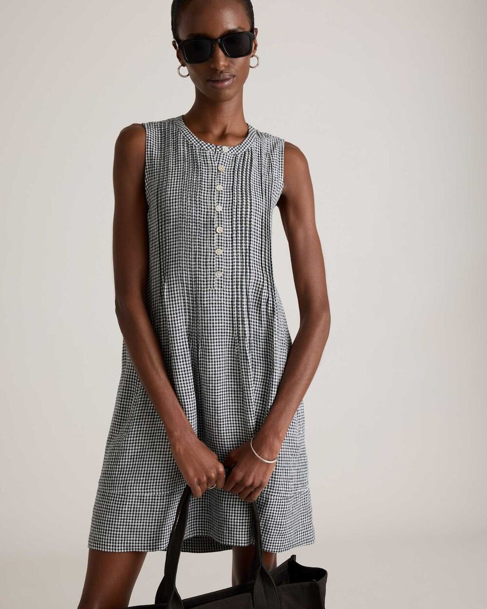Quince 100% European Linen Swing Dress Classic Mini Gingham XL Black New w/Tag